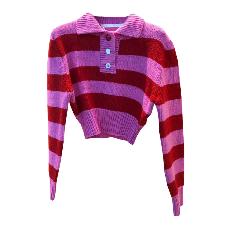 

South Korea 2020 autumn and winter new fashion temperament striped short knit sweater POLO collar buttoned sweater women