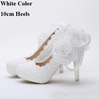White 10cm Heels Свадебные туфли на платформе с кружевом и белым цветком красивые женские свадебные модельные туфли на высоком каблуке ручной работы с кружевом для девочек на день рождения - Цвет: White 10cm Heels