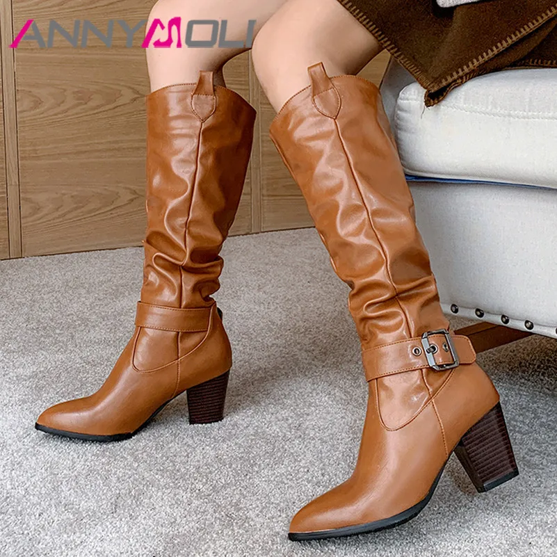 

ANNYMOLI Pointed Toe Knee High Boots Woman High Heel Western Boots Pleated Thick Heel Long boots Buckle Female Shoes White 33-46