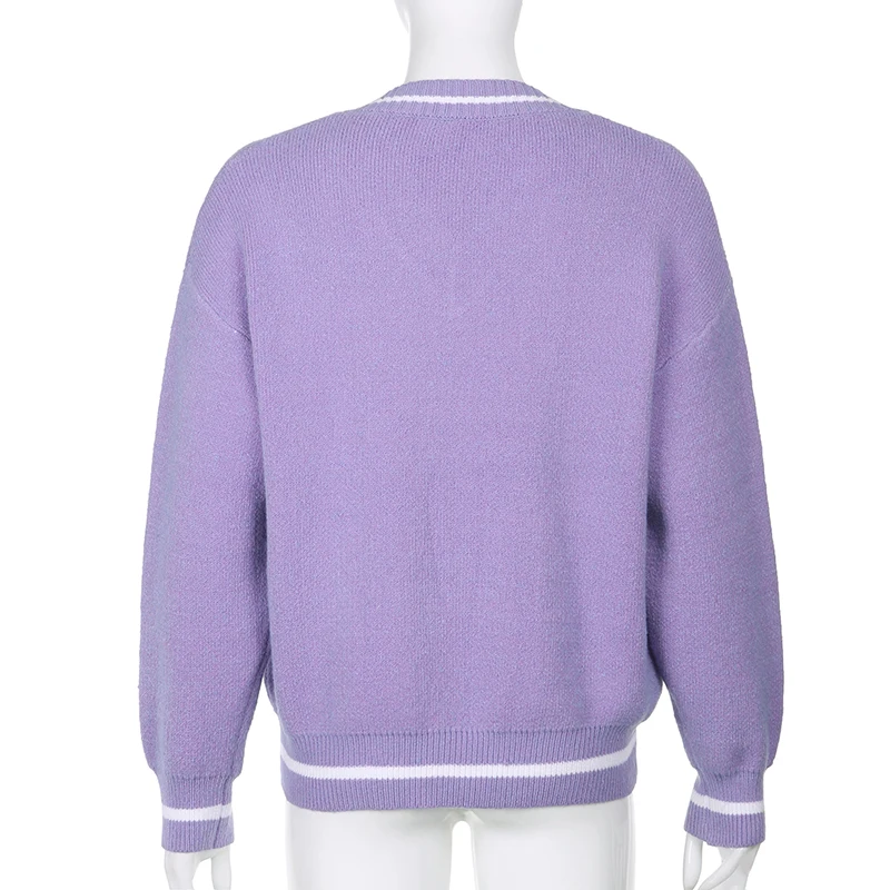 

Fashion Loose Stripe Printed Knitted Sweater V Neck Autumn Winter Pullover Preppy Style Jumpers Sweater for Women