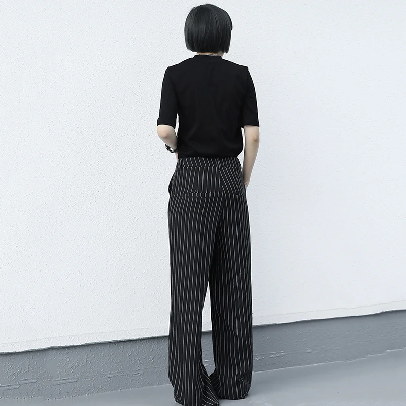 [EAM] High Waist Black Striped Long Casual  Wide Leg Trousers New Loose Fit Pants Women Fashion Tide Spring Autumn 2021 1DD8617