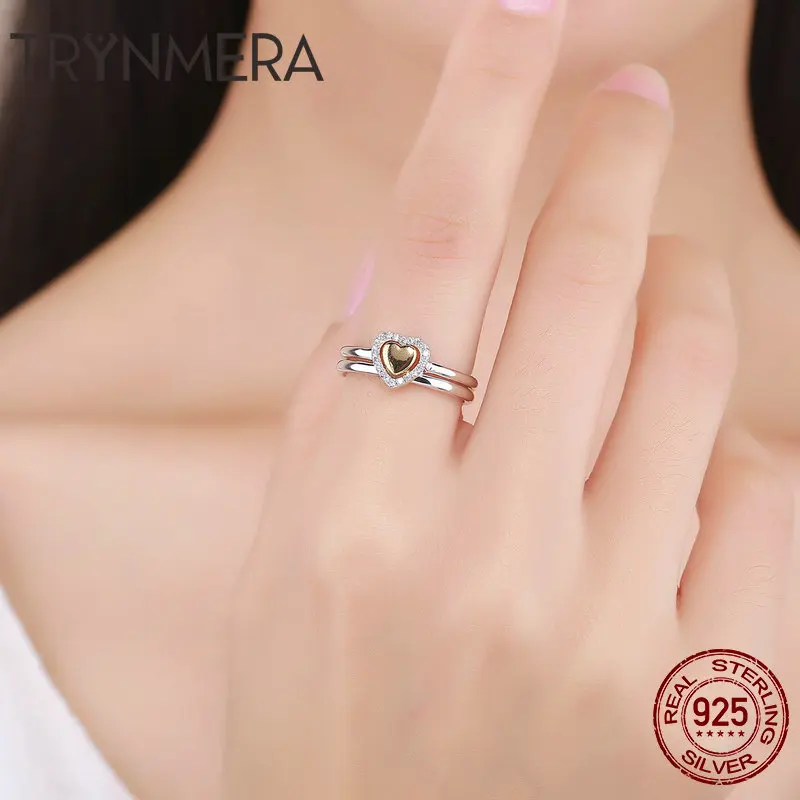 

2 pcs Women Ring 925 Sterling Silver Love Heart Color Gold Finger Rings for Women Wedding Sterling Silver Jewelry Anel TR065