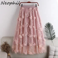 neophil vintage floral embroidered high waist mesh skirts women 2022 summer retro ball gown tulle midi skirt jupe femme s21629