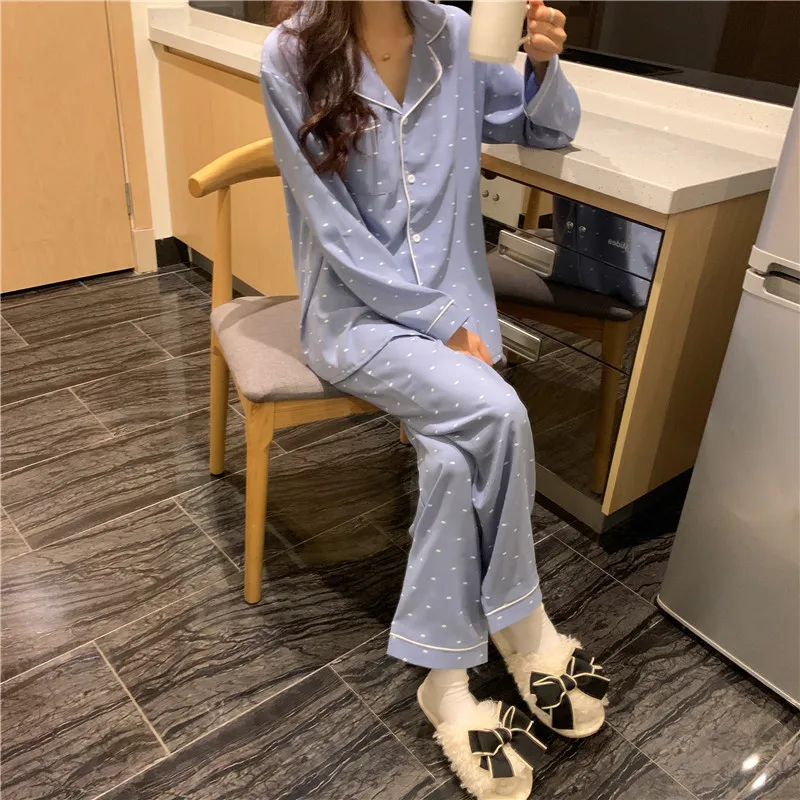 

Xiali Korean Ins Autumn and Winter Thin Lapel Placket Edge Polka Dot Pajamas Polka Dot Long Sleeve Trousers Homewear