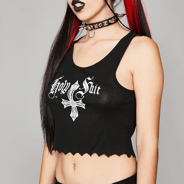 

2021 y2k Crop Top Gothic Skull Graphic Embroidery Black Camis Sexy Mesh Patchwork Crop Top Women Sleeveless Clubwear Tank Top
