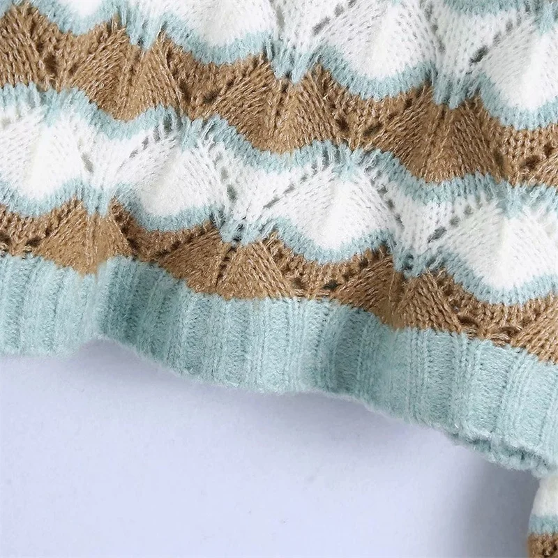 

ZXQJ Women 2020 Fashion Hollow Out Cropped Knitted Sweater Vintage O Neck Long Sleeve Female Pullovers Chic Tops