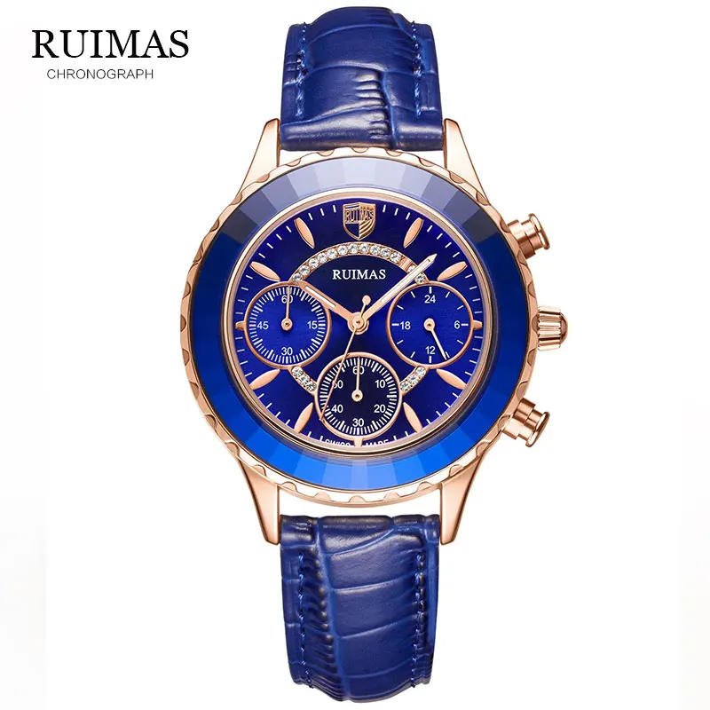 Женские часы RUIMAS роскошный бренд синие классические хронограф для наугад