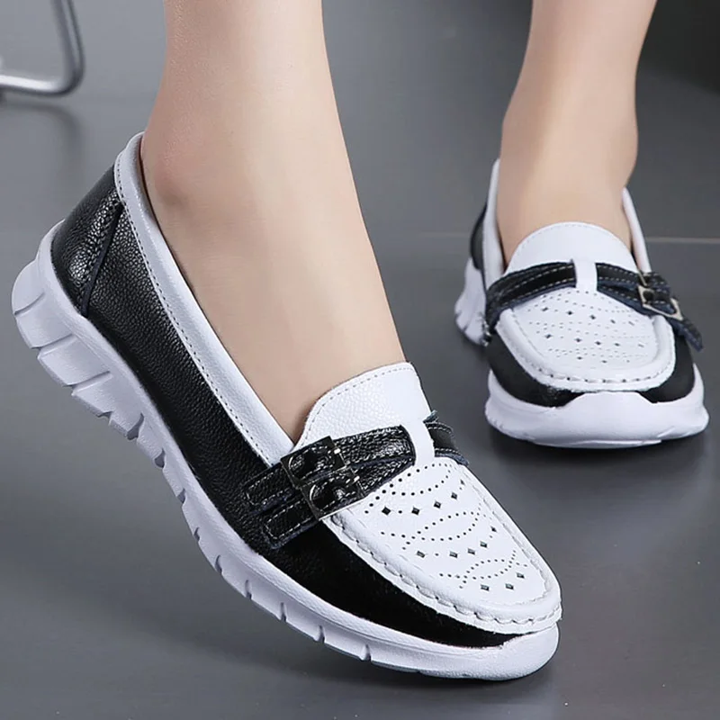 Women Loafers Shoes Genuine Split Leather Slip on Buckle Flat Heel Ballerines Ladies Sneakers Work Zapatos De Mujer 1840W | Обувь