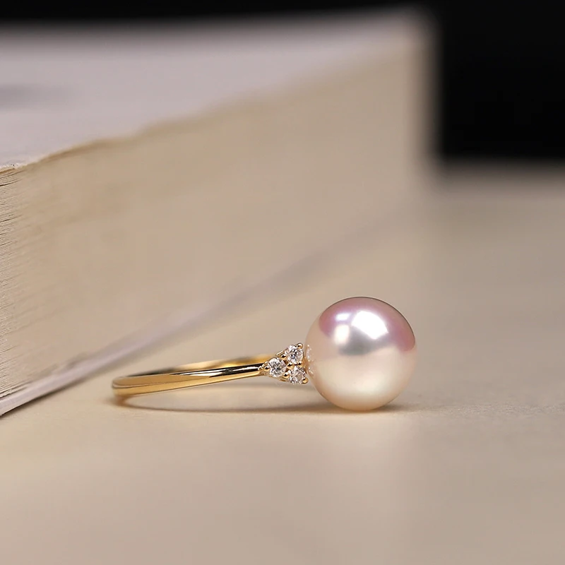 18K import Solid Yellow Gold Jewelry(AU750) Women  Single Grain Akoya Peas Weaving Diamond  ring  Natural Seawater Pearl  Lady