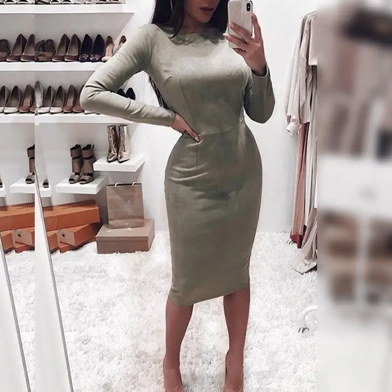 Осенне зимнее женское однотонное Замшевое платье миди с круглым вырезом и