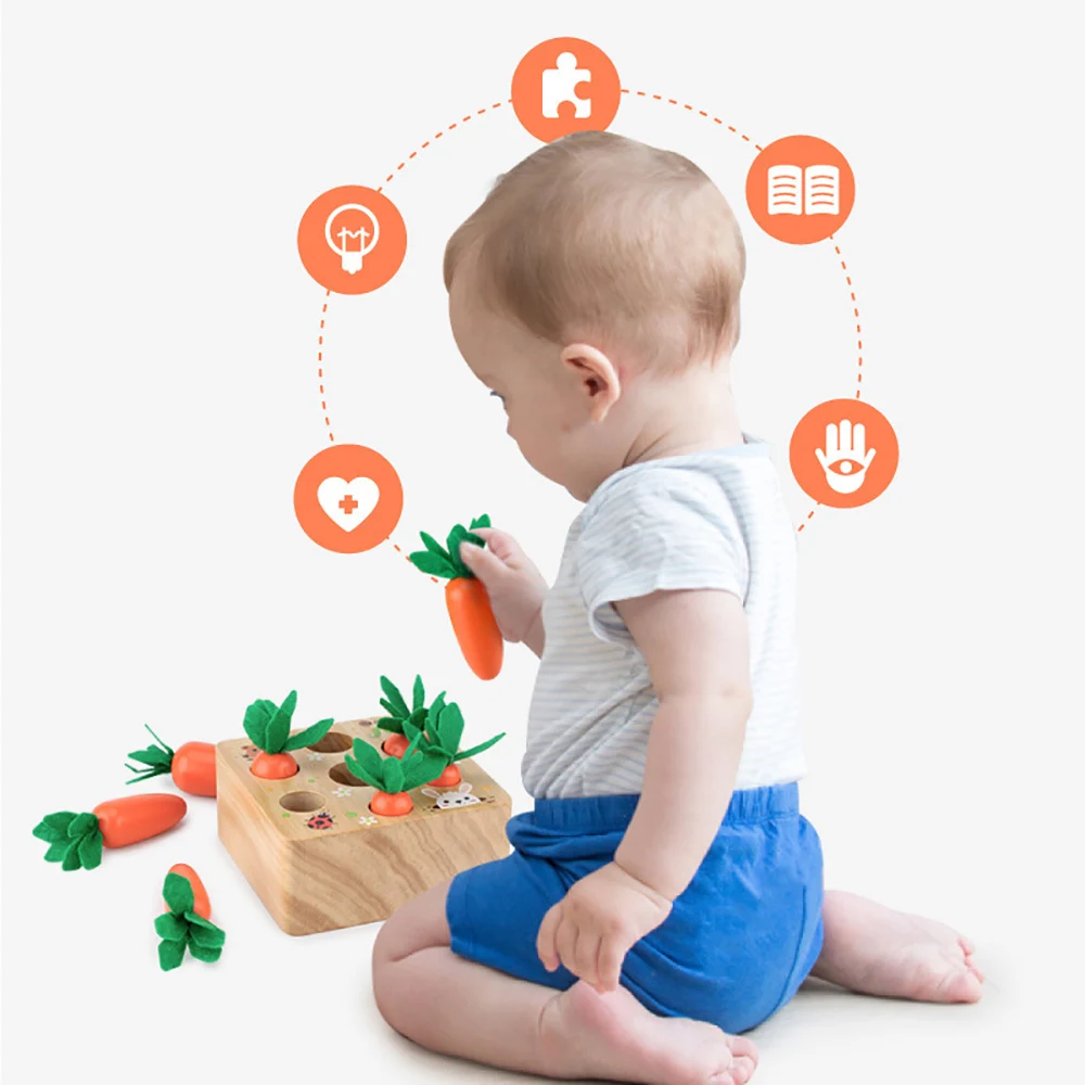 

Moantessori Toy Wooden Toys Baby Set Pulling Carrot Shape Matching Size Cognition Montessori Educational Toy Wooden Toys baby