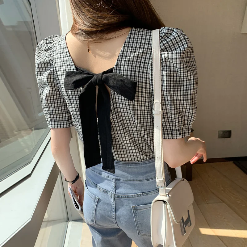 

Japanese style sweet vintage tops female summer puff sleeve v-neck crop top elegant back big bowknot plaid blouses women's shirt