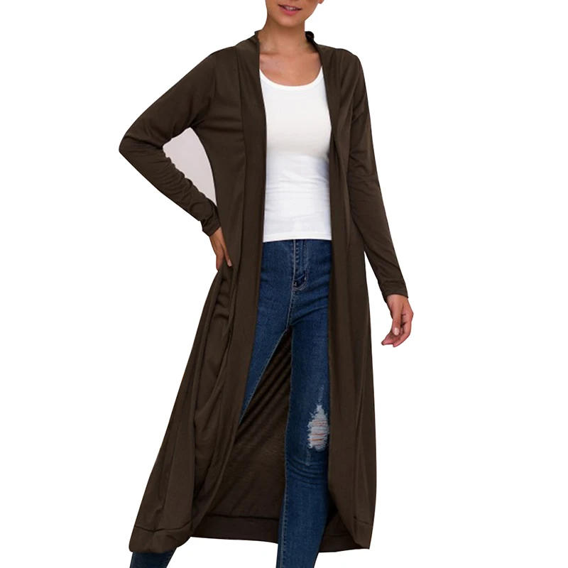 Модный женский осенне-зимний однотонный длинный тонкий кардиган с длинным