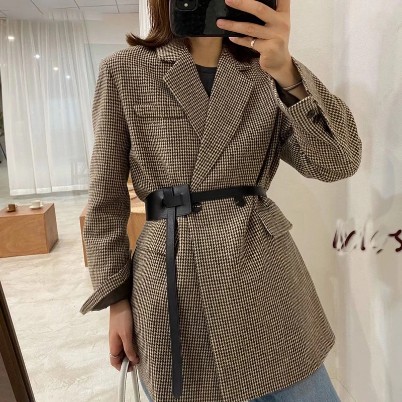 

JY Autumn Winter Vintage Houndstooth Woolen Blazer Jackets for Women Double Breasted Belted Female Outwear