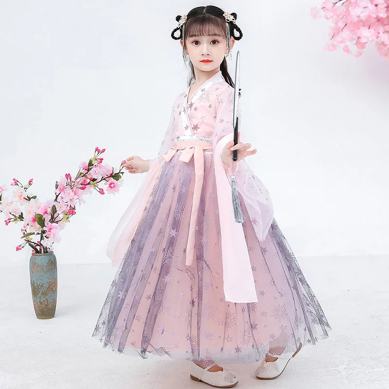 

Традиционное китайское платье ханьфу для девочек, сказочное платье принцессы, костюмы народных танцев, Классическая танцевальная одежда, о...