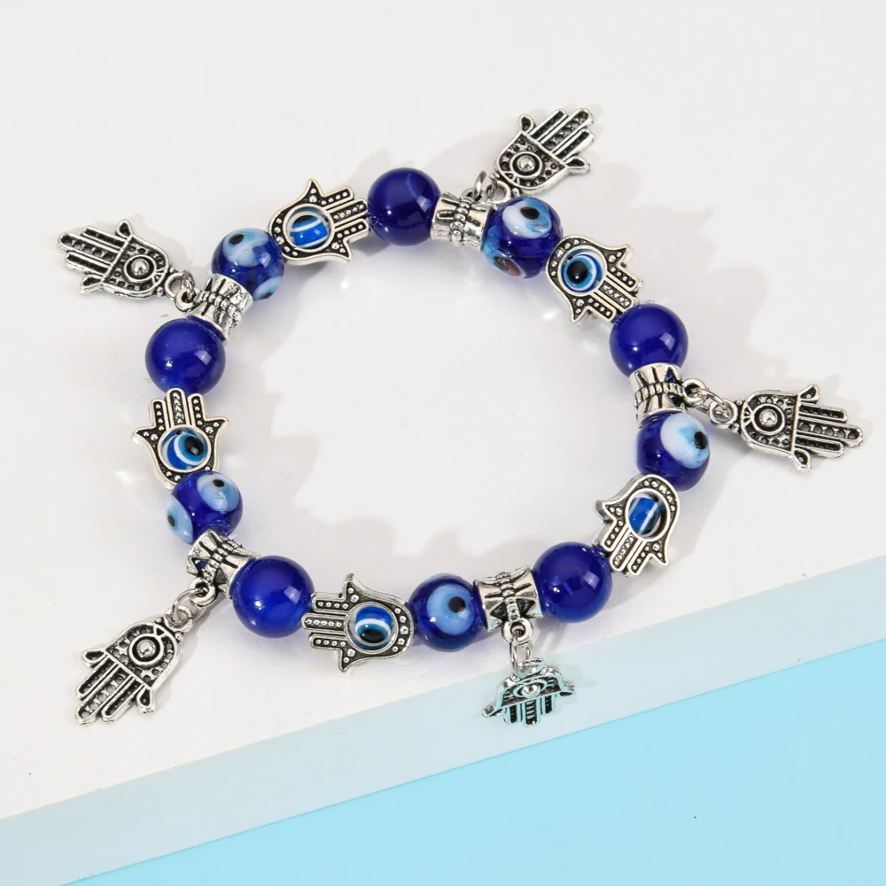 Женский браслет с голубыми турецкими глазами эластичный бусинами|Браслеты