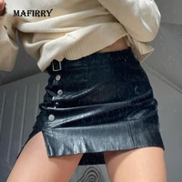 women side slit button patchwork leather skirt casual streetwear slim fit black pu skirts sexy female party club classic skirts