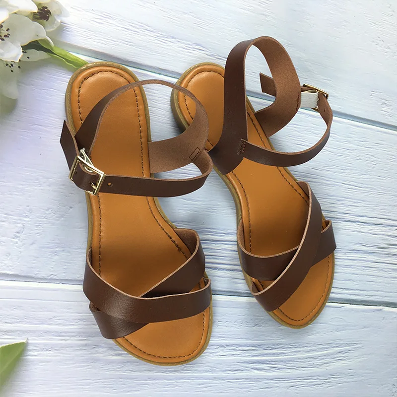 

Женские босоножки на плоской подошве, повседневные сандалии с открытым носком и пряжкой, большие размеры, лето 2021