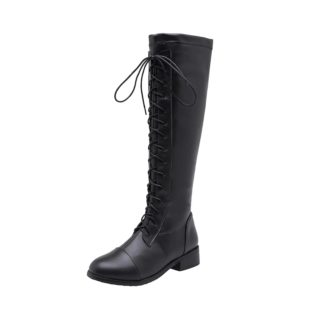 

Sianie Tianie Black Women Motorcycle Boots Round Toe Chunky Heel Riding Boots Shoes Female Lace Up Knee High Boots Size 33-46