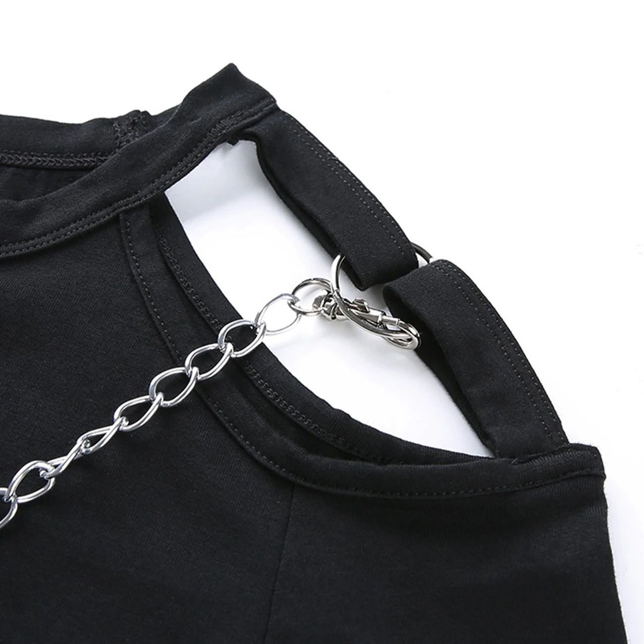 

Hip Hop Off Shoulder Chain Patchwork Crop Tops Women 2020 Streetwear Summer Harajuku Casual Short Sleeve T-Shirts Cotton Black
