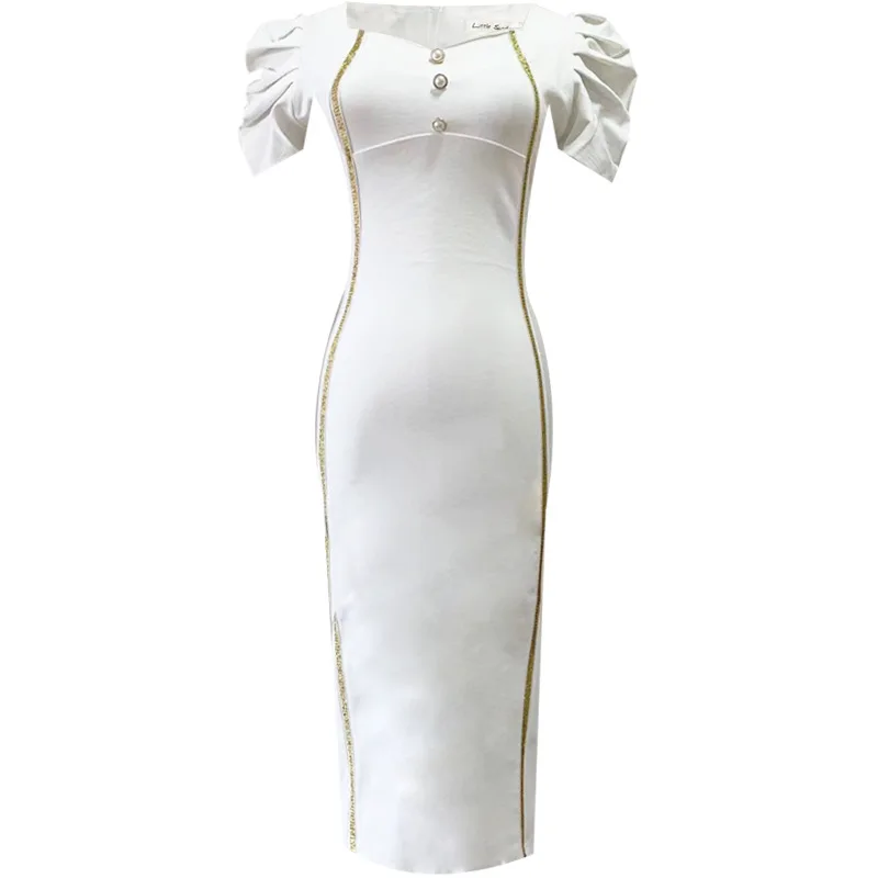 

2021 Summer Women Patchwork Bandage Dresses High End Party Slim Bodycon Dress Elegant Short Sleeve V Neck Elegant Pencil Vestido
