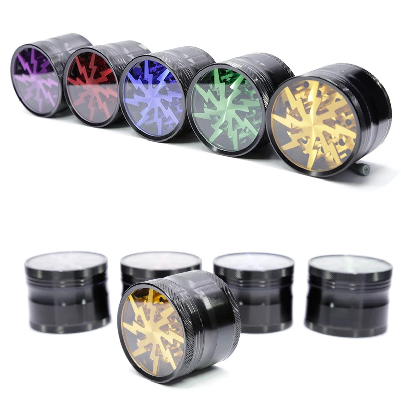 

Spice Weed Cutter 63MM 4-layer Aluminum Alloy Transparent Smoking Herb Cutter Latest Lightning-Shaped Tobacco Grinder