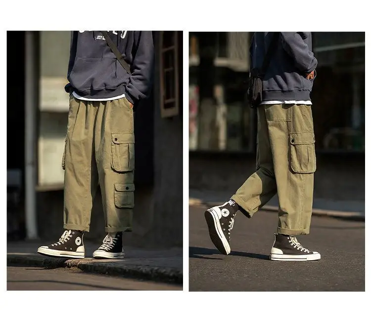 

Big yards loose money more leisure trousers pocket trend the new handsome straight male Japanese nine points wide-egged overalls