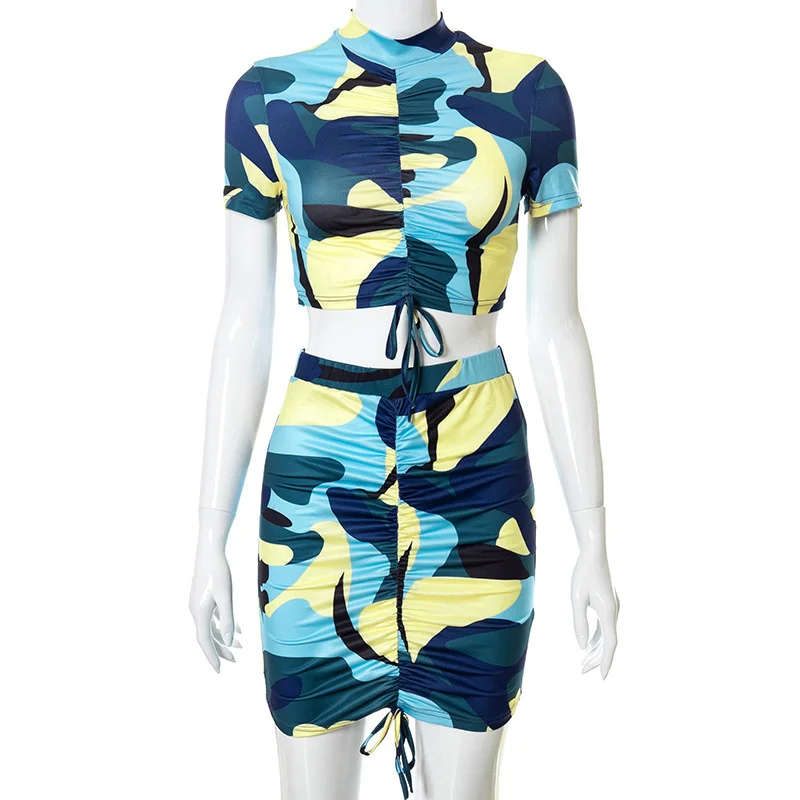 

Mozision Ruched Tie Dye Two Piece Sets Women Blue Short Sleeve Tops Mini Skirt Women Sets Summer Fashion Print Skinny Streetwear