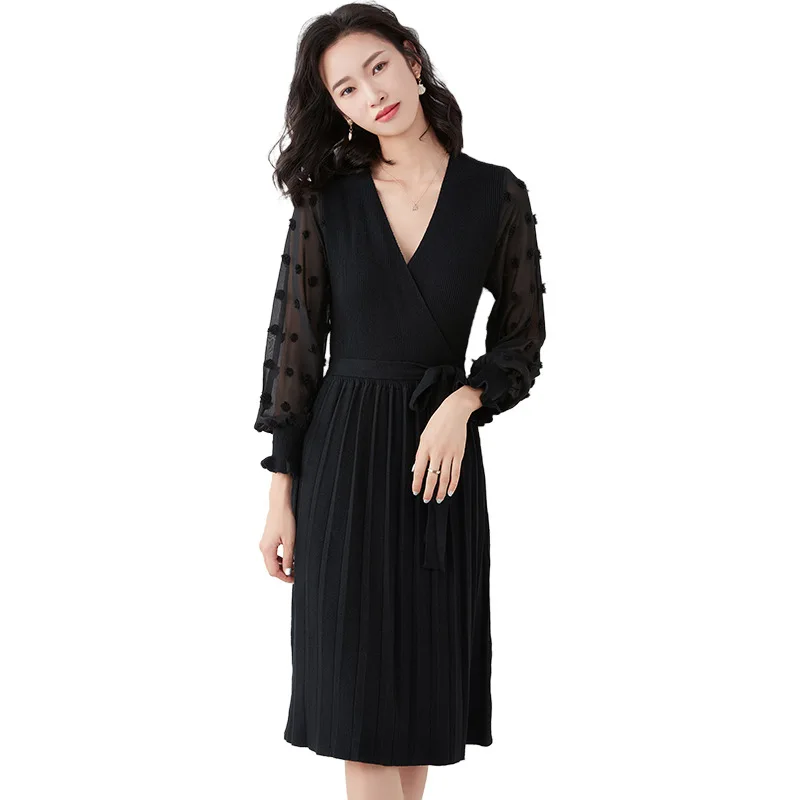 

Temperament V-neck Slim Chiffon Stitching Dress 2020 Spring Autumn New Women's Dress Fashion Lace Waist Sweater Midi Skirt