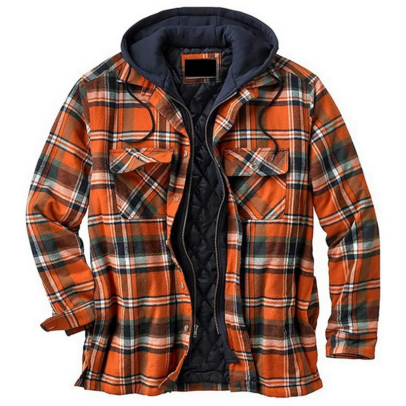 

2021 Fashion Men's Clothing European American Autumn and Winter Models Thick Cotton Plaid Long-sleeved Loose Hooded Jacket