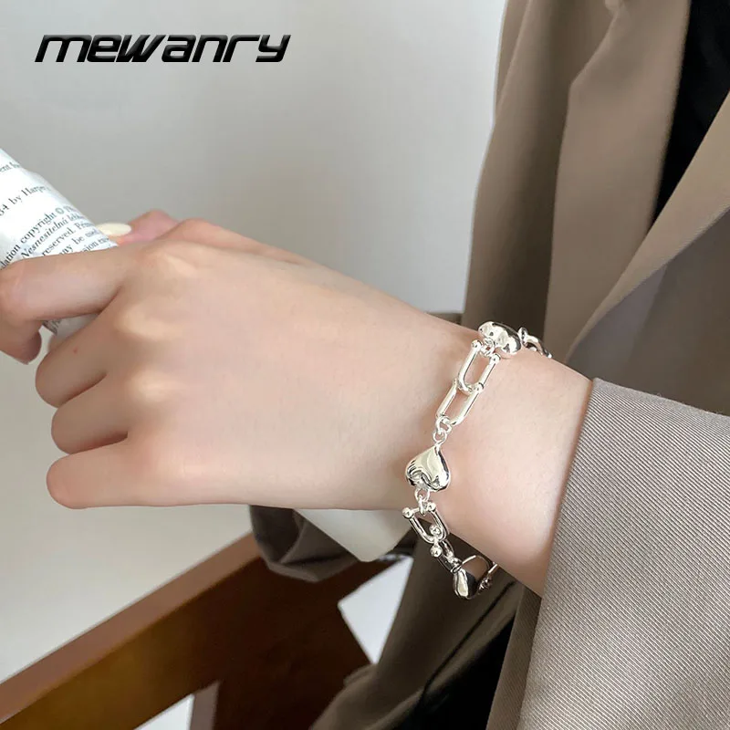 MEWANRY 925 Steamp U Shaped Chain Bracelets for Women New Trendy Elegant Smooth LOVE Heart Punk Party Jewelry Wholesale | Украшения и