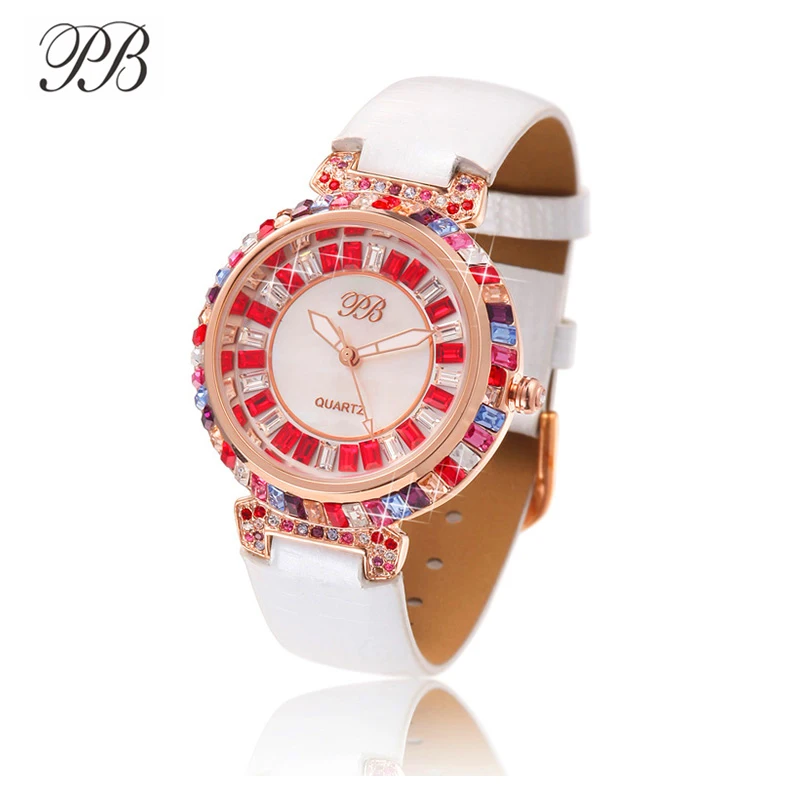 Princess Butterfly clock Бренд Красочные Кристалл Жемчужный Циферблат Женские Часы Водонепроницаемый Кожаный Ремешок Кварц Повседневная