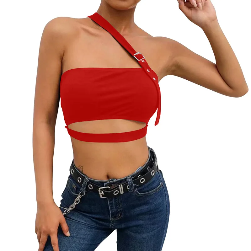 

Summer women vest new sexy single line neck irregular top strap slim nightclub T-shirt solid color strapless top