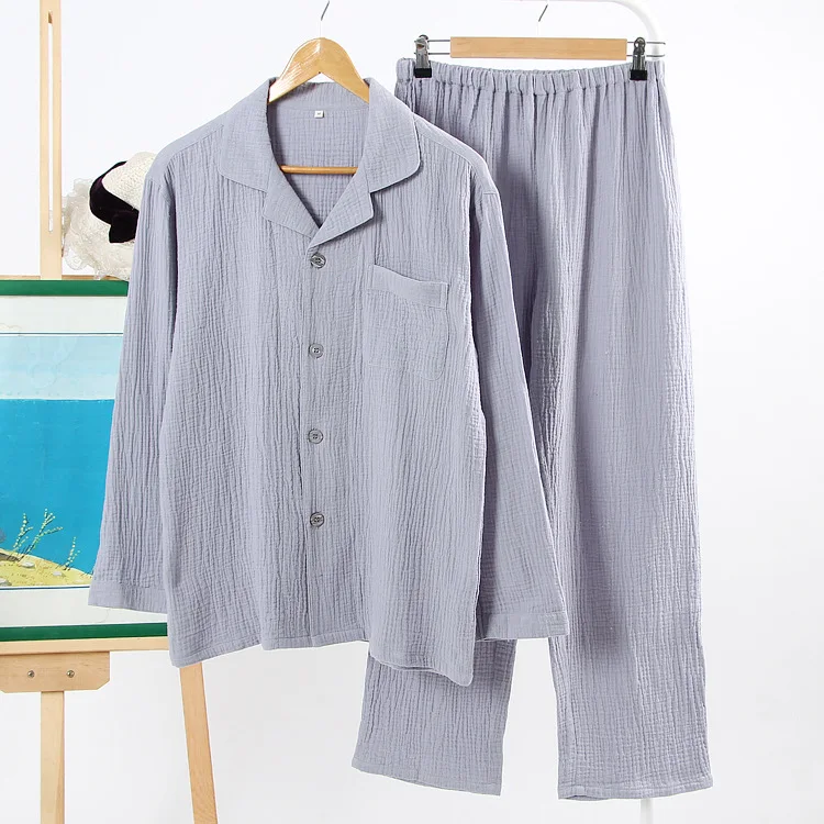 Пижама мужская двойная из крепа и Марли однотонная хлопковая рубашка с длинным