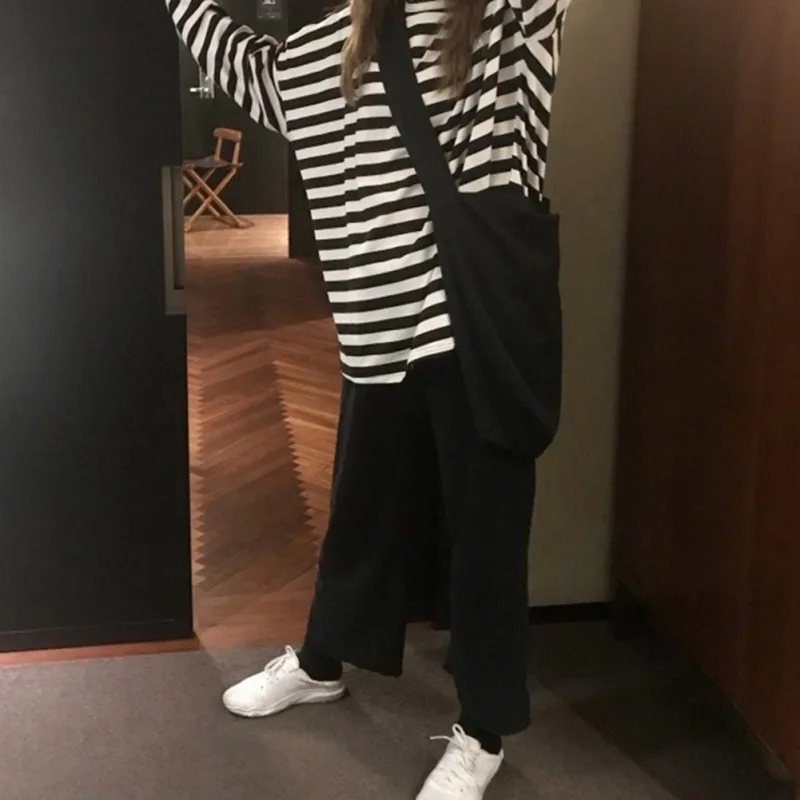 Женский Длинный пуловер в черно-белую полоску Свободный с круглым вырезом на