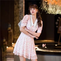 blingbp japanese korean style women temperament puff sleeve chiffon dress 2021 summer french floral skirt beach dress