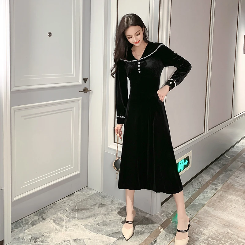 

Женское цельное платье в Корейском стиле, офисные винтажные платья во французском стиле с длинным рукавом, воротником «Питер Пэн» и высокой...