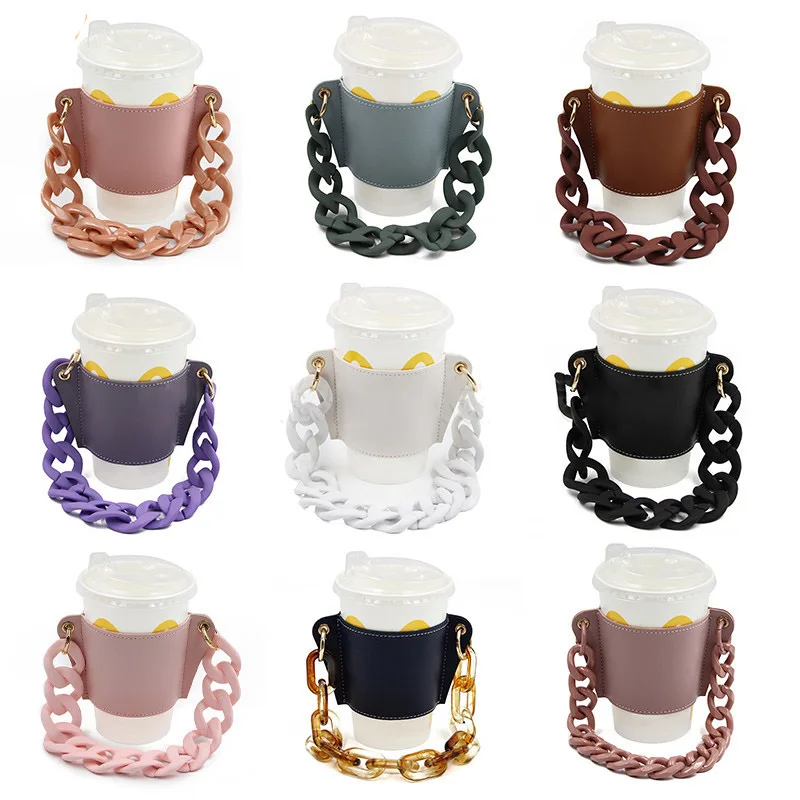 Soporte de mano de t&eacute; de la leche de cuero PU, cadena desmontable para p&iacute;cnic al aire libre, taza de caf&eacute; port&aacute;til, bolsa de embalaje exterior (sin taza de agua), 1 ud.-3
