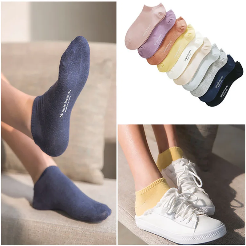 Women's Summer Invisible Thin Ankle Short Socks Cotton Candy Solid Color Fashion Casual Cute Breathable Boat 5Pairs/Lot | Женская