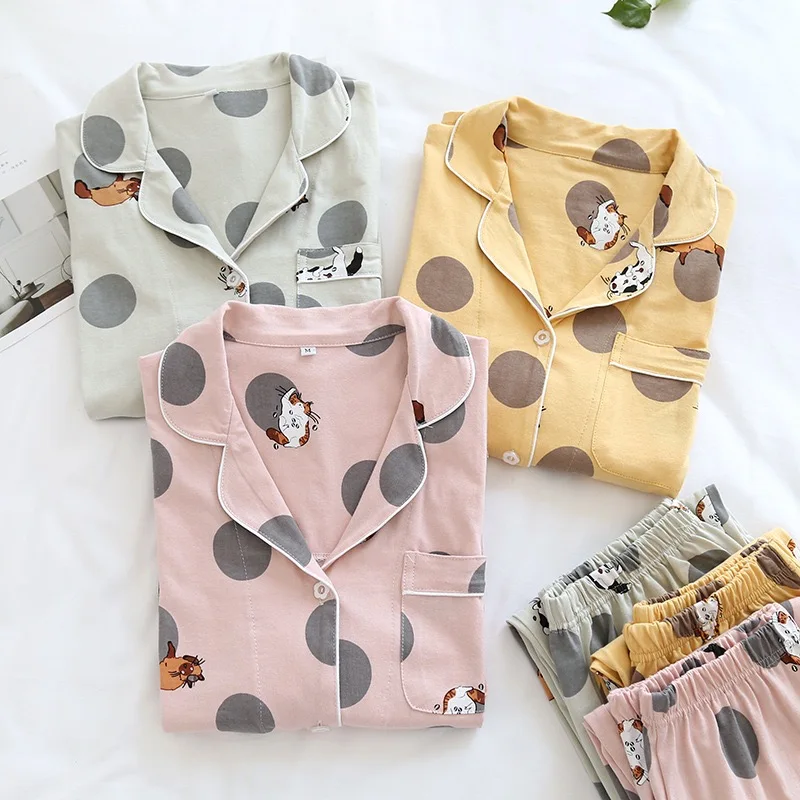 Women Cotton Pajamas Sets Autumn Cute Cat Print Long Sleeve Sleepwear Female Tops+Pants Pajamas Suit Lovely Home Clothes ouc505
