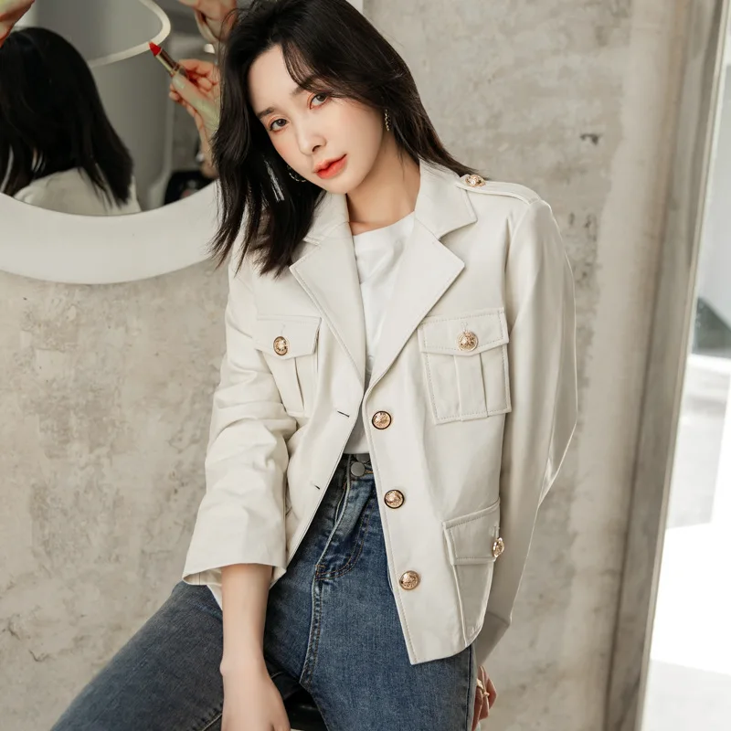 2021 Spring And Autumn New Sheepskin Leather Jacket Short Fashion Lapel Single Breasted Women's Clothing Pockets Button Full enlarge
