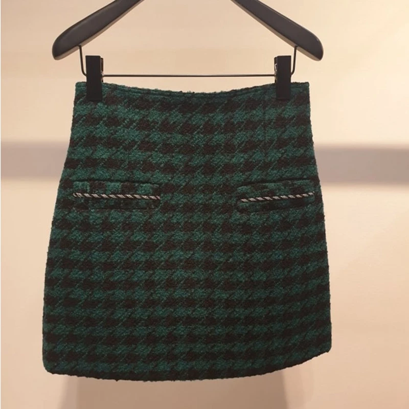 

2020 Autumn and Winter New Contrast Pocket Check Woolen High-waisted Skirt