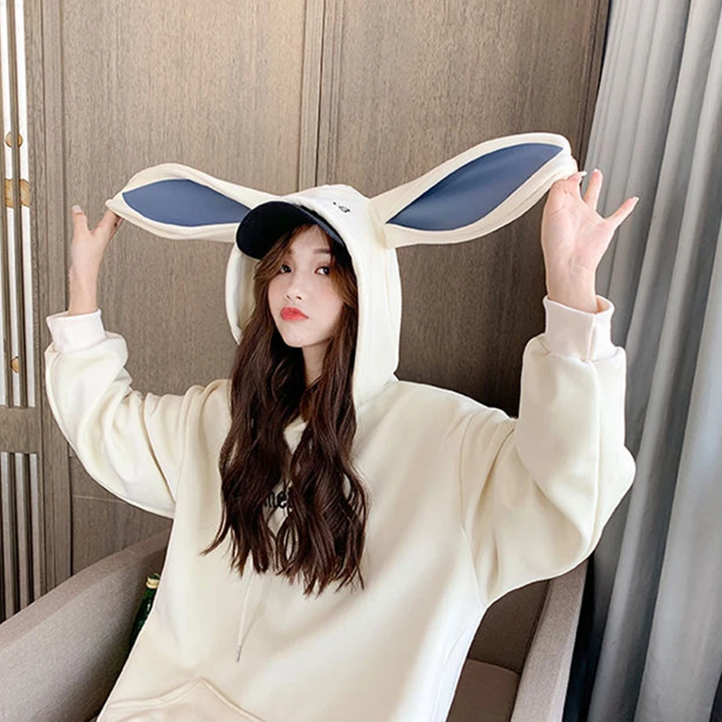 

Rabbit ears hooded sweater women winter plus velvet padded jacket hoodie clothes sweater size Sweatshirt Kawaii vintage y2k cute