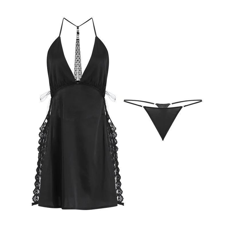 QWEEK Love Tower French Sleepwear Women Ice Silk Nightdress Female Backless Romantic Sexy Nightwear with Panty Pijama Nightgown