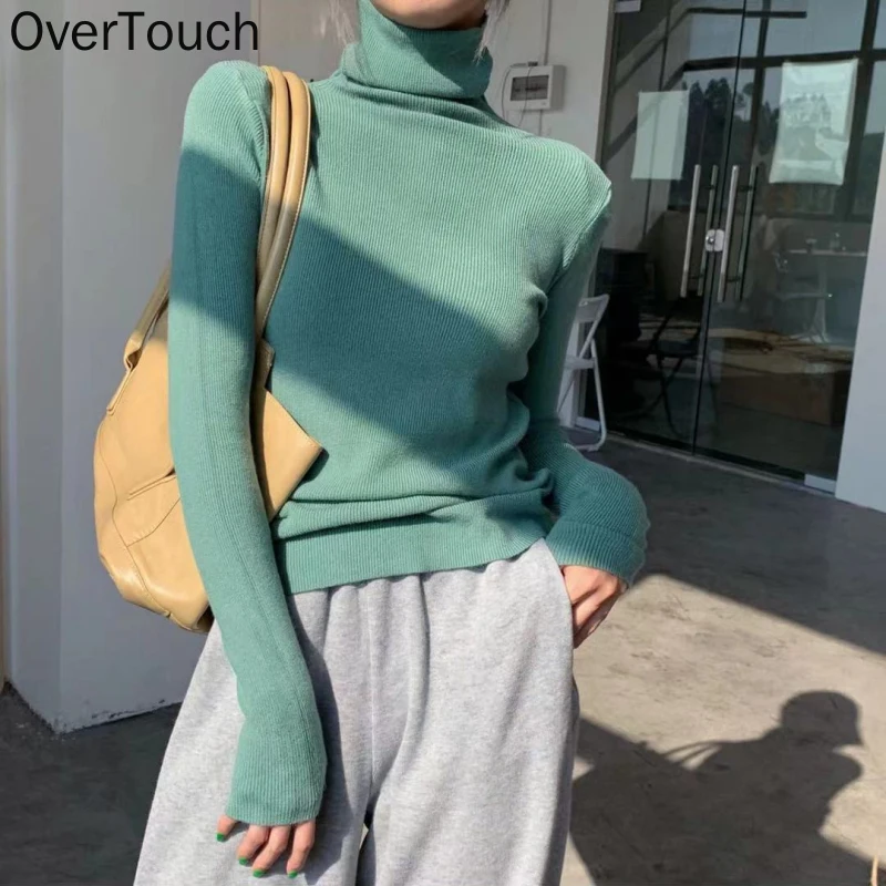 

Повседневные теплые свитера Overtouch с высоким воротником для женщин, сезон осень-зима 2021, облегающие Женские Вязаные Пуловеры с длинным рукав...