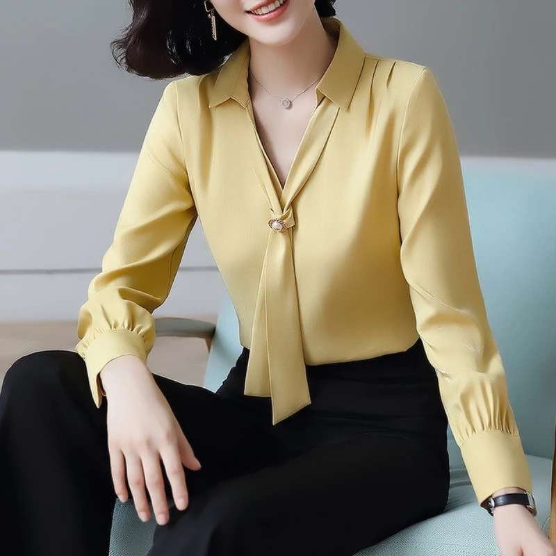 Блузка Женская Офисная с длинным рукавом модная рубашка бантом синий желтый