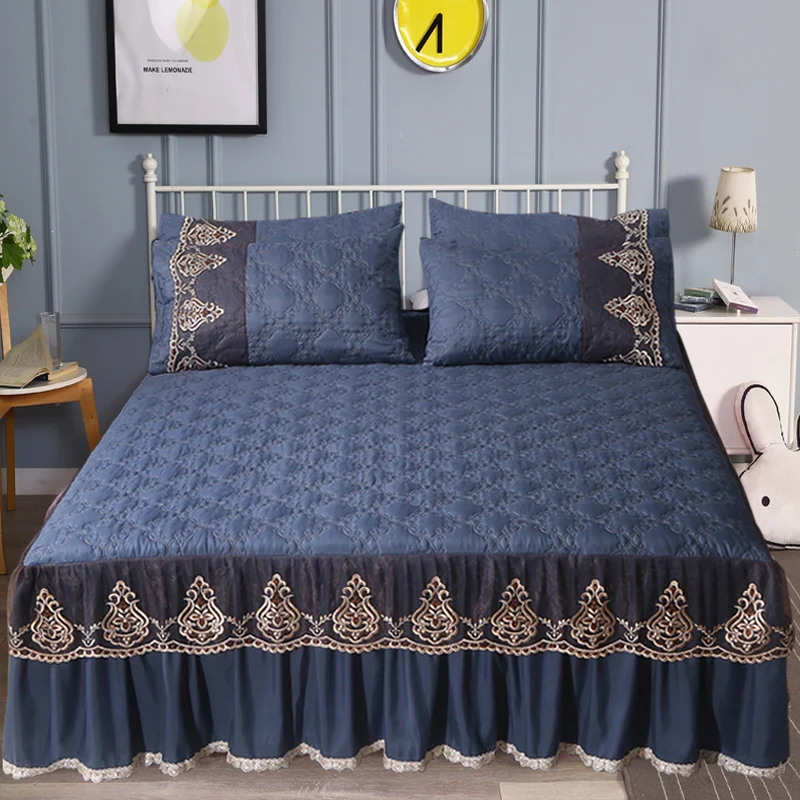 

New Style Romantic Bloom Pattern Solid Color Bed Skirt Non-slip Dust Ruffle Queen Size Bedspread Bed Skirt S/M/ L Size