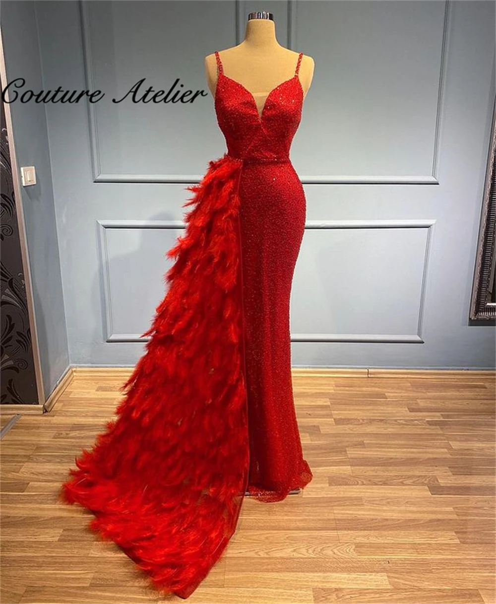 

Red Feathers Evening Dresses For Women Birthday Party Dress Spaghetti Dinner Gowns robe de soirée femme