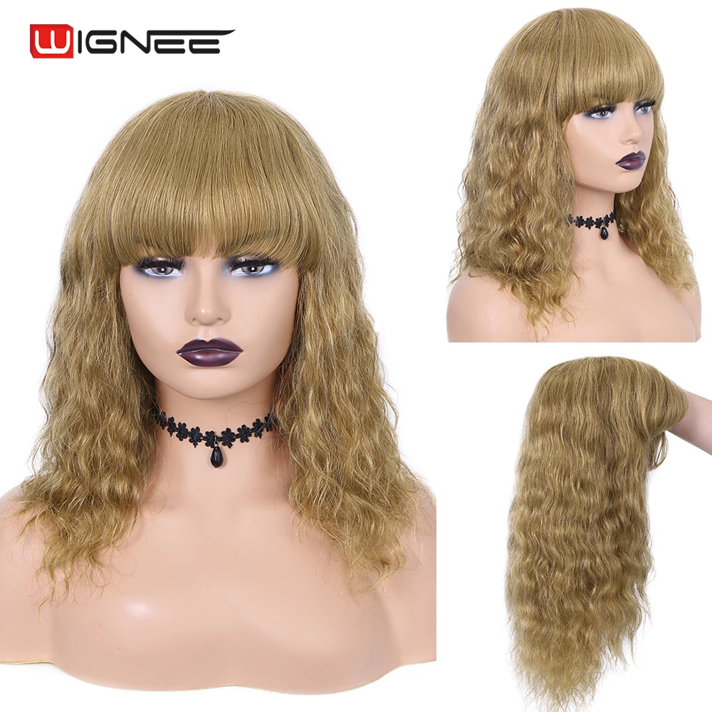 

Wignee Natural Wave Human Hair Wig With Bangs 27# Highlight Colored Blonde 150%Density Loose Wave Brazilian Hair For Black Women