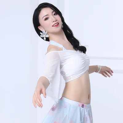 white top Лето шифон сексуальные женщины восточные танцы практика одежда танец живота костюм белый топ+ длинная юбка 2 шт - Цвет: white top